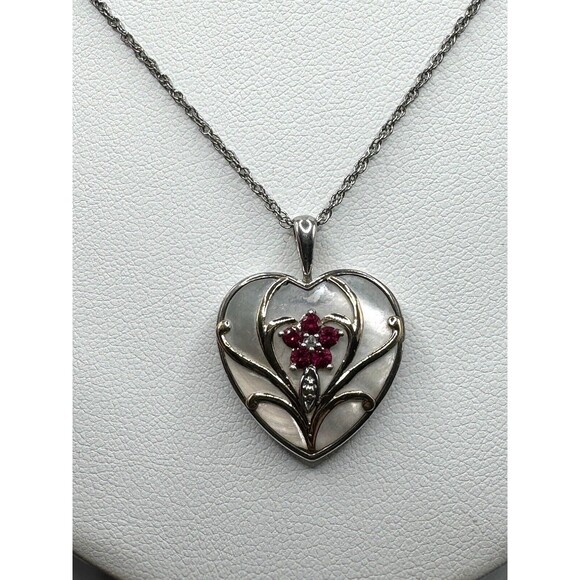 Sterling 14K Heart Pendant Dainty Necklace Mother of Pearl 19" Chain Stamped - Picture 2 of 7